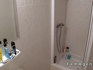 Blonde masturbates for female agent