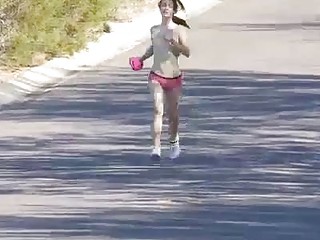 Smooth little chick gets a creampie while training in public