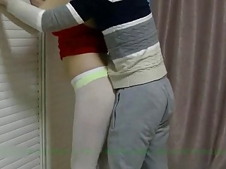 Submissive Chinese mom cleaning while he fucks her 