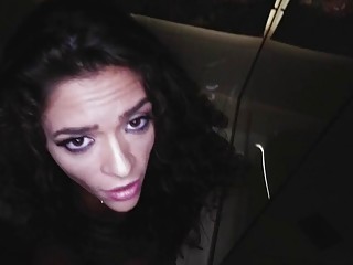 Brunette gives a blowjob and gets penetrated hard