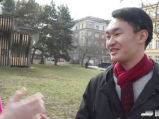 Sluty girl fucks hardcore with an Asian guy in public