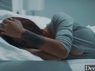 Lesbian babes with big tits enjoy playing in a bed