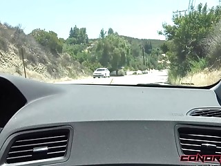 Tattooed naughty Violet Monroe loves giving blowjobs in a car