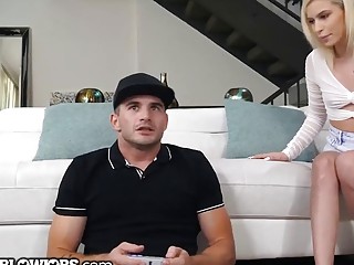 Young and beautiful blonde with small tits deepthroats balls deep